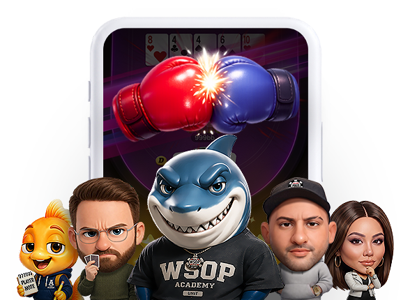 WSOP Academy Challenge the Pros screen showing five challengers and challenge start animation