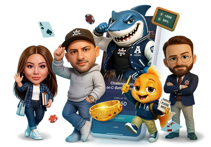 WSOP Academy characters emerging from a mobile phone with a WSOP bracelet, poker chips and playing cards